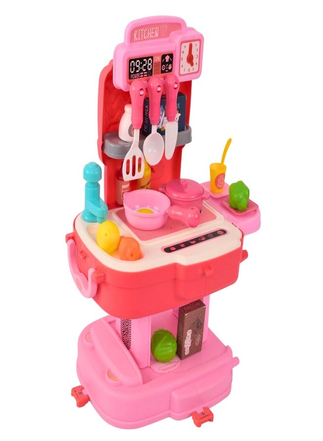 Cable World 2 in 1 Baby Kitchen Playset for Kids, School Bag Type Kitchen Set for Girls, Portable Pretend Food Party Role Cooking Kitchen Play Set Toy for Boys and Girls (Pink) - Image 2